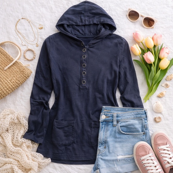 Talbots Tops - Talbots Petite Navy Snap Button Hoodie Tunic Top Pockets Size Large